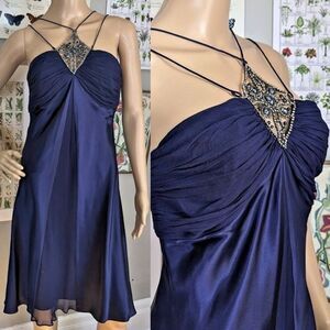 Vintage y2k Nine West Mini Dress Blue Silk Rhinestone Fairycore Prom Size 4